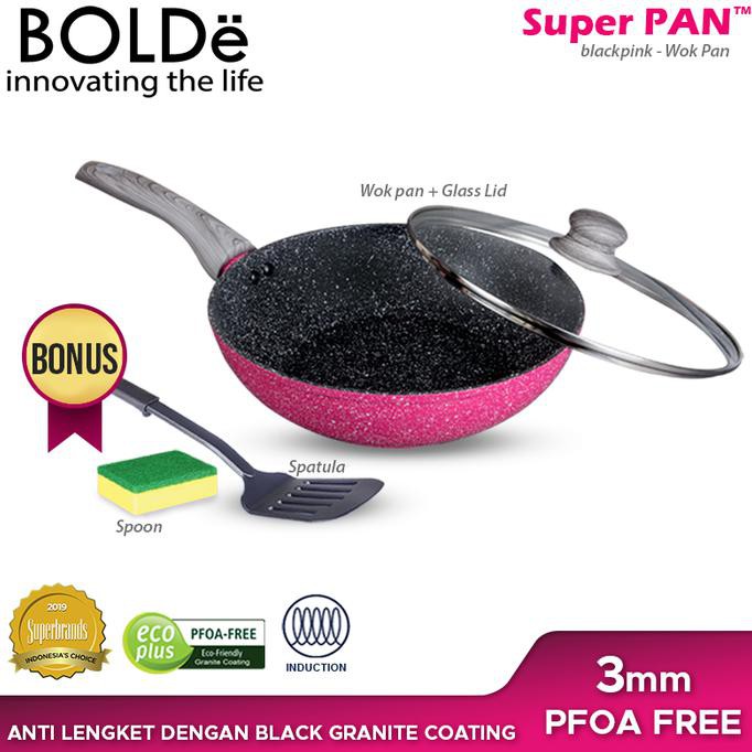 BISA COD BOLDe Super Pan Wok 26 Black Pink Lid Glass + Free Spatula SPECIAL Kode 373
