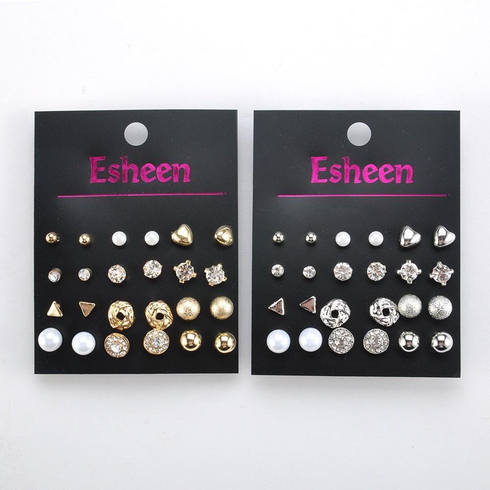 Anting 12 Pairs Satu Set Pearl Crystal Stud Triangle Bar Ear Ring Set Jewelry 12  Pasang Model Murah AF012-6