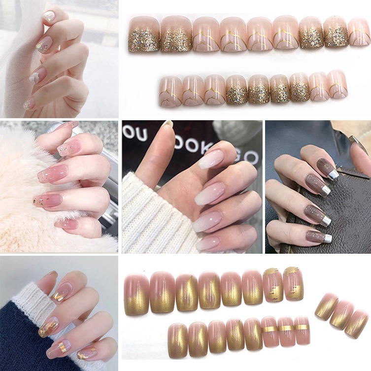 24pcs/set Dilepas Api Panjang Tips Kuku Palsu Penuh Nail Art Tip Kecantikan Buatan Palsu Perancis Stick on Nails Tools