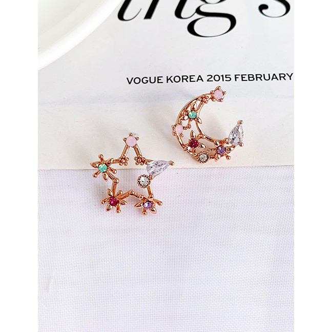 LRC Anting Tusuk Fashion Rose Gold Asymmetric Stud Earrings With Diamonds And Stars D94124