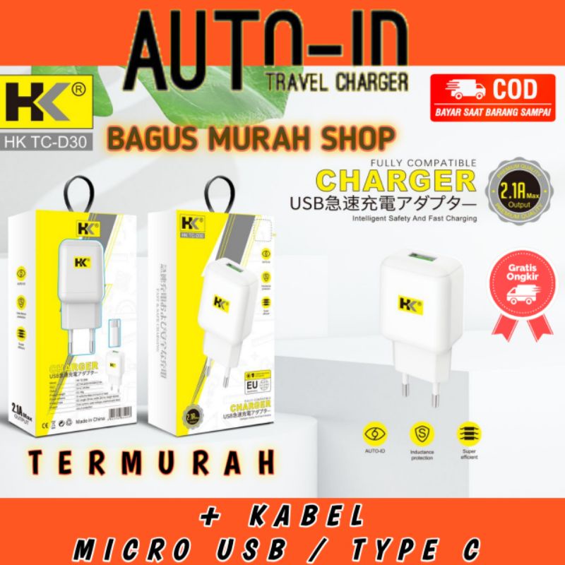 Travel charger auto id 2.1A max fast charging + kabel data micro usb type C 1usb termurah casan hp