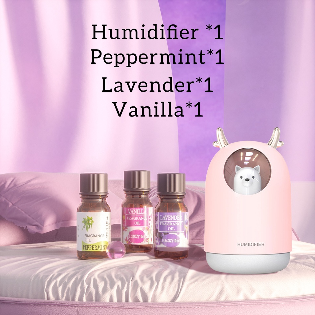 [endear]100% ORI cute Bear Humidifier 300ML Essential Oil Diffuser Aroma Terapi Pengharum Ruangan-Pink *1+OIL*3