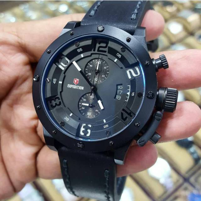 Jam Tangan Expedition E 6381 Leather Full Black Original