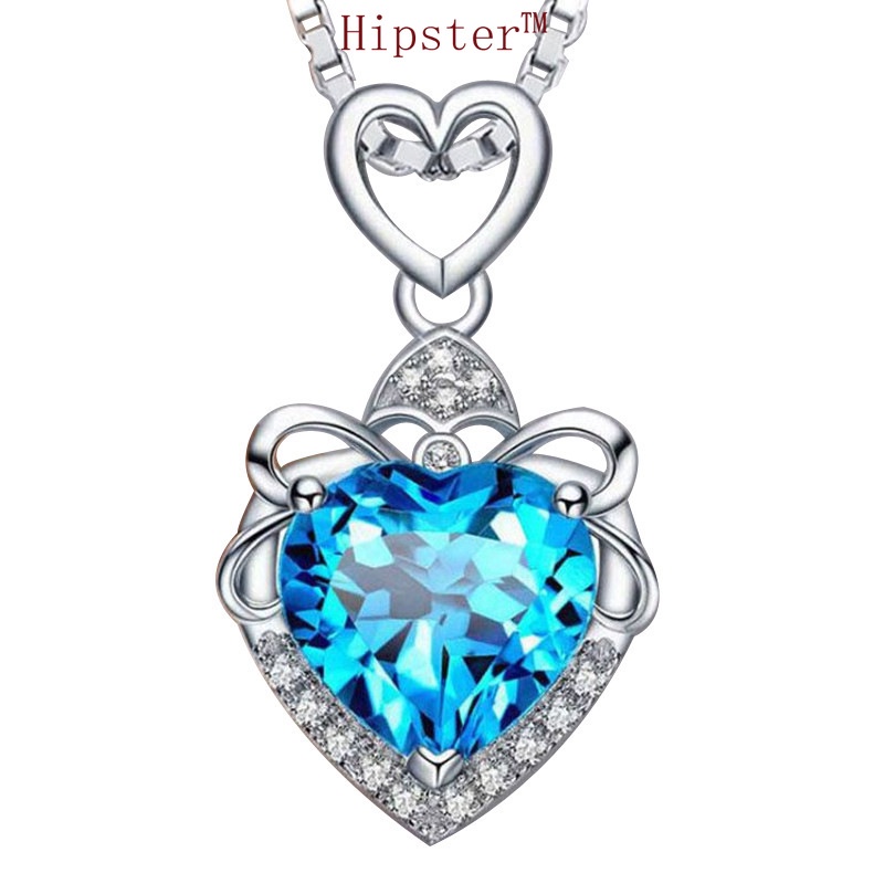 Hot Sale Fashion All-Match Ocean Heart Sapphire Heart-Shaped Full Diamond Pendant Necklace