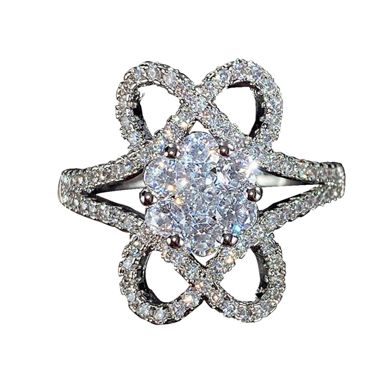 Cincin 925 Silver Bentuk Bunga Aksen Berlian Zircon Putih Untuk Wanita