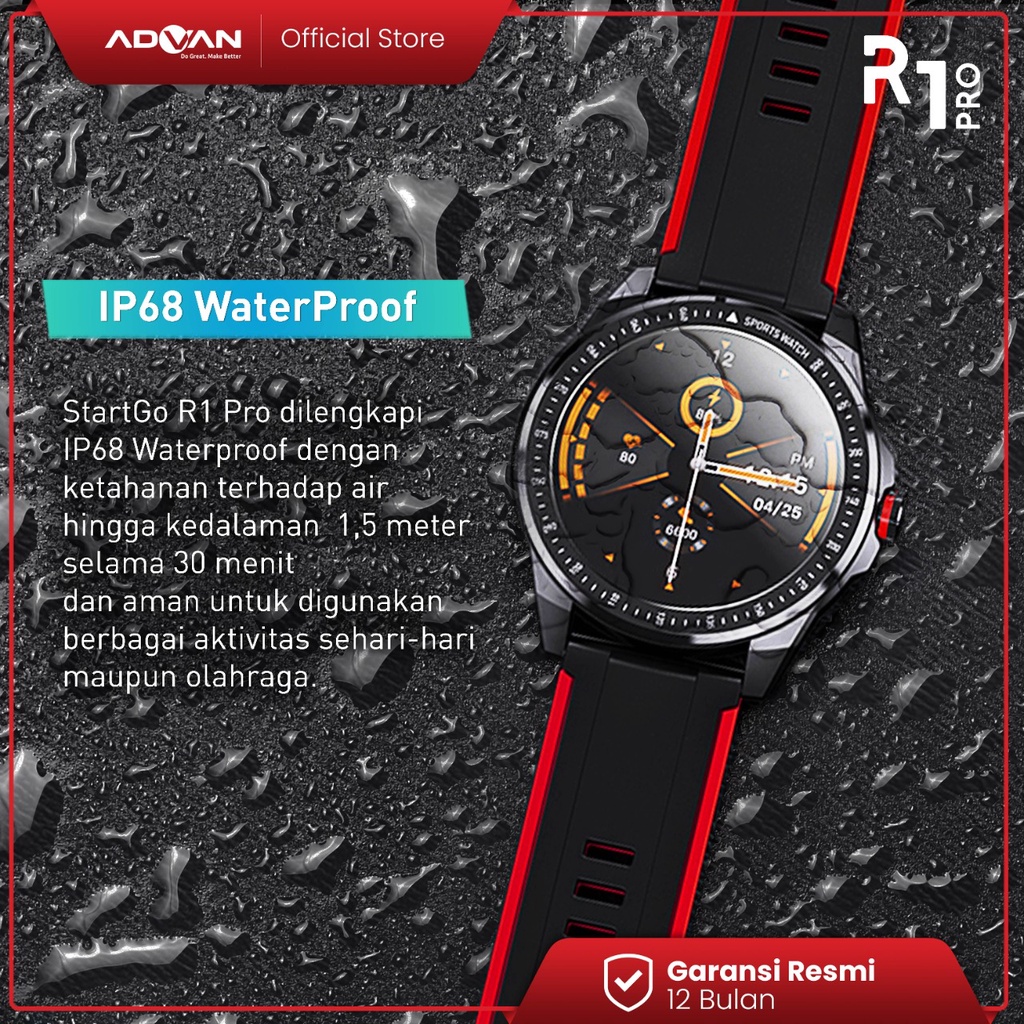 Advan Startgo Smartwatch R1 Pro 1.3 inci | Pemantauan SpO2 24 Jam | Blood Oxygen | 15 mode olahraga Garansi Resmi 12 Bulan - Black Red