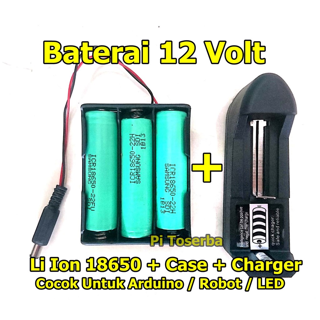 Baterai Li Ion 3x 18650 12 Volt dan Case Batre Plus Charger 1 Slot