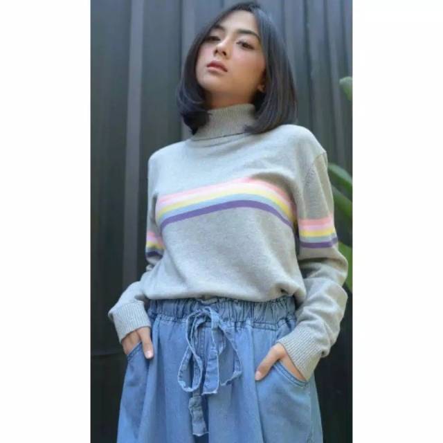 SWEATER MURAH TURTLENECK CANDY RAINBOW SWEATER RAJUT WANITA STRIPE KNIT MURAH BAJU INSTAGRAMABLE
