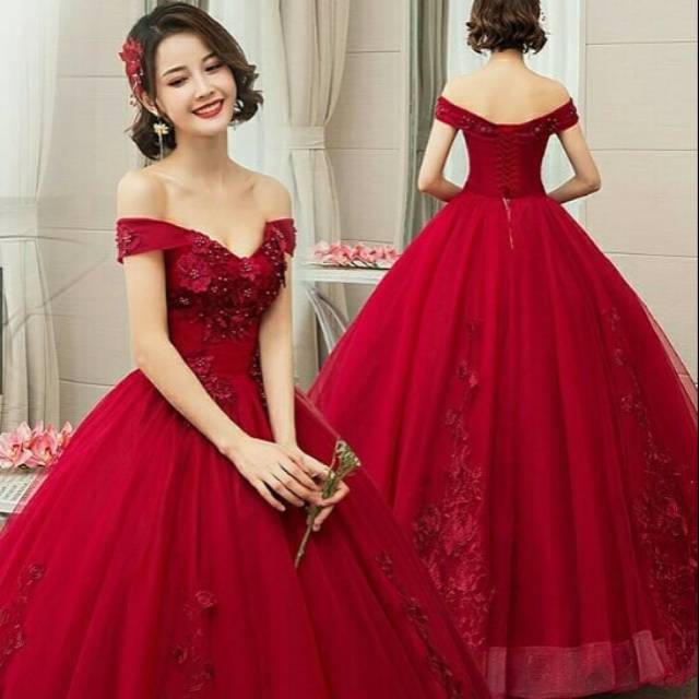 Gaun Pengantin Off Soulder Hiasan Brocade  sabrina  maroon white  wedding gown  satin brocade
