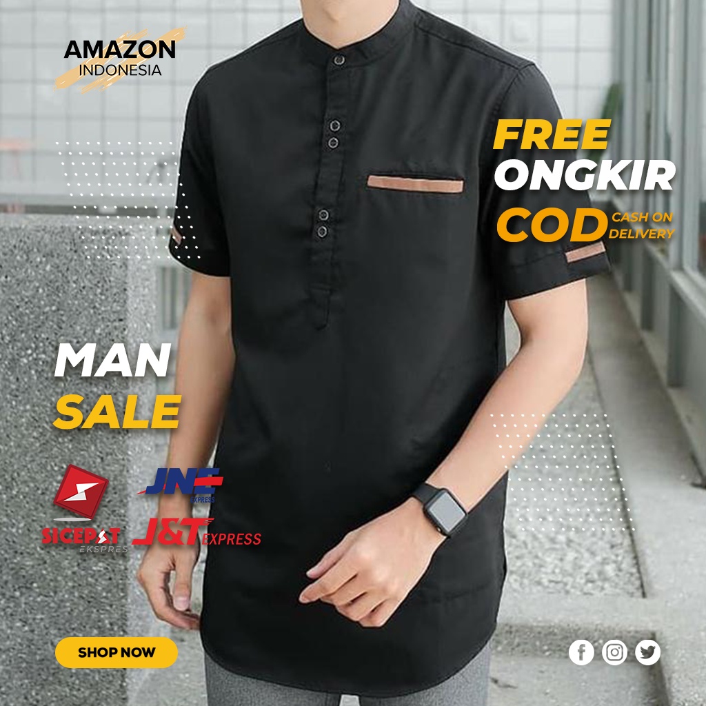 BAJU KOKO PAKAIAN MUSLIM PRIA TRENDY LENGAN PENDEK WARNA BLACK HITAM TOYOBO PREMIUM KUALITAS IMPORT