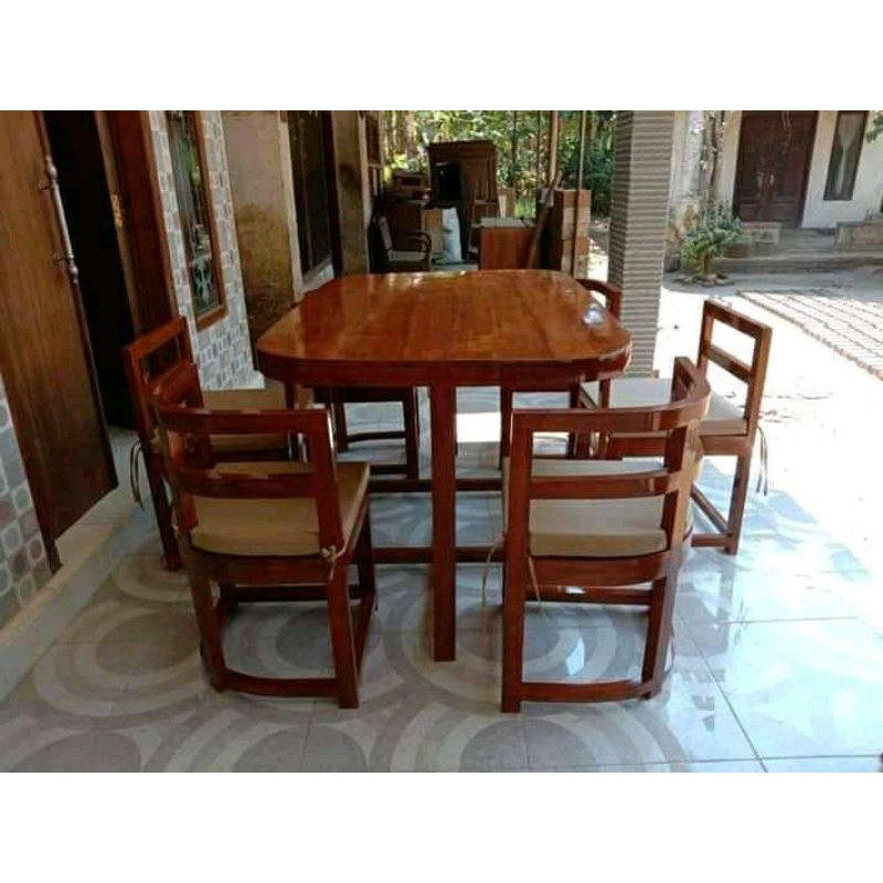 meja makan kayu jati mebel kursi oval