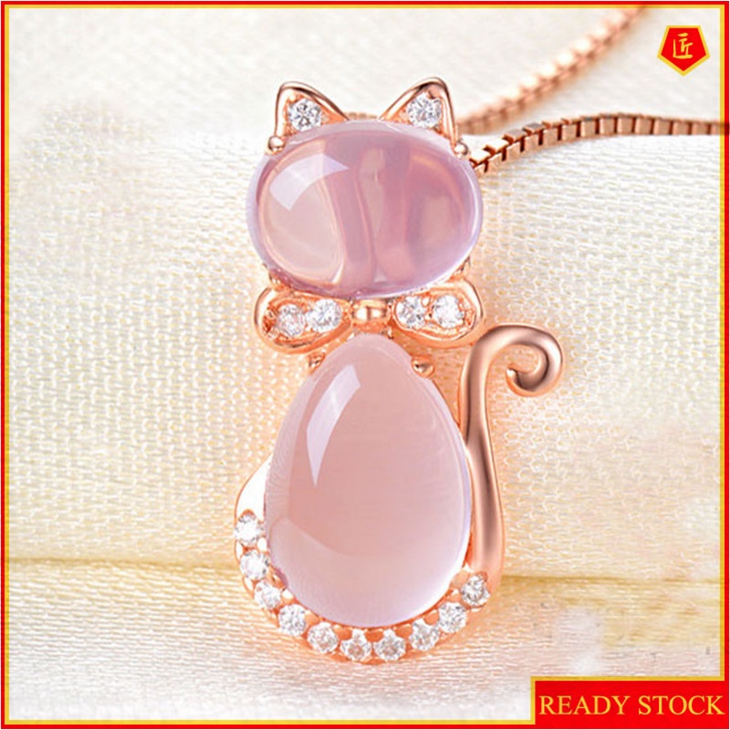 [Ready Stock]Fashion Inlaid Pink Crystal Cat Pendant Cute Necklace