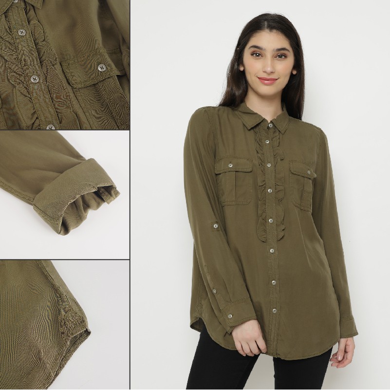 LOFT Ruffle Floral and Green Army Blouse