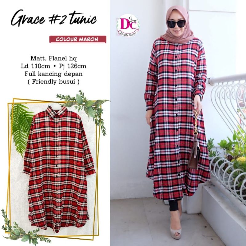 Grace 2 tunik flanel import full kancing depan bagian tangan karet