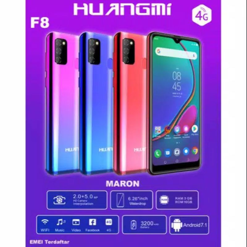 hp huangmi f8 maron ram 3gb ram3gb 3/16 jaringan 4g lte 4glte network dualsim garansi resmi 1th new