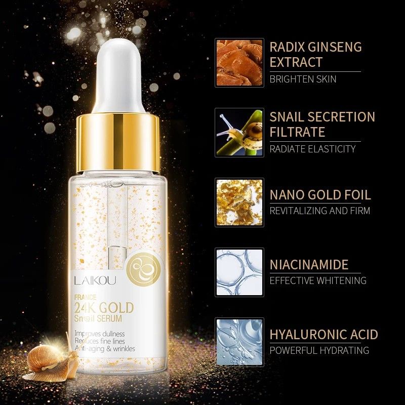 Laikou Snail Serum 24K Gold Essence Siput Emas 24K Mengencangkan Wajah Anti Keriput Anti Aging Anti Penuaan