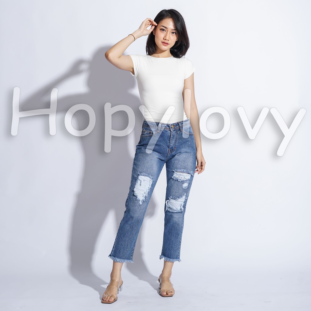 HOPYLOVY - Celana Boyfriend Ripped Jeans Wanita Rawis  Lucinna