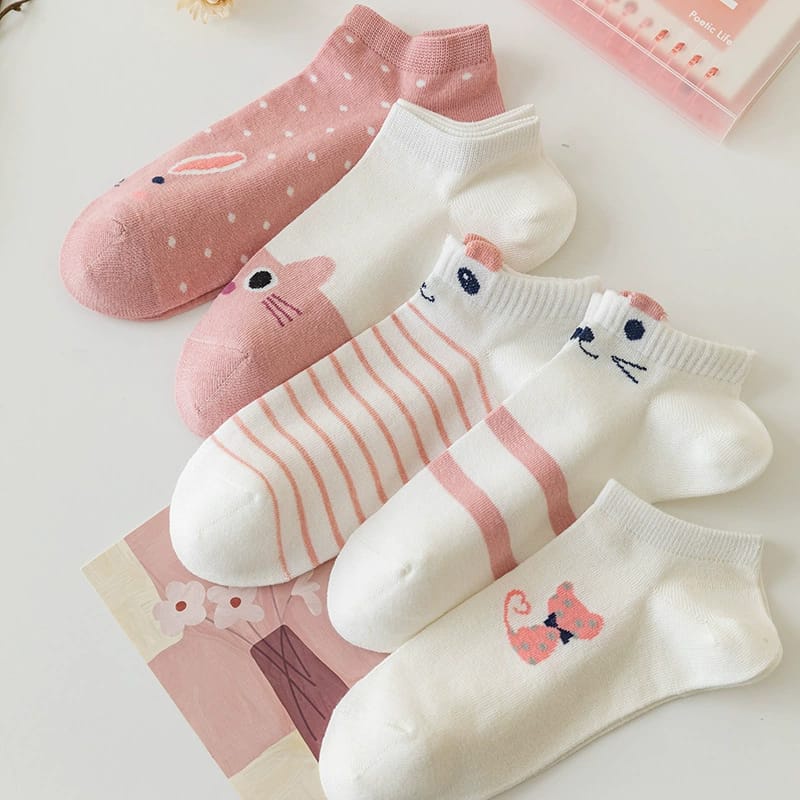 Gobra ♕ KK034 Kaos Kaki (Tanpa Kemasan) Wanita Tipis Pendek Semata Kaki Motif Kucing Kitty Lucu Fashion Korea Women Sock Import Murah