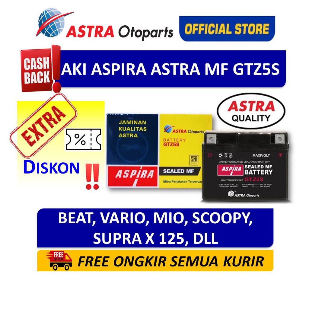 Aki ASPIRA Astra GTZ5S MF(3.5 Ah)-Aki Motor Vario,Beat,Mio,Scoopy,Vixion,Xride,dll
