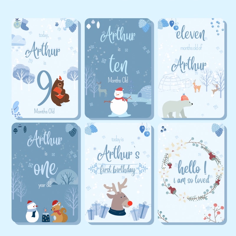 Baby milestone card baby boy premium winter animal theme free custom name