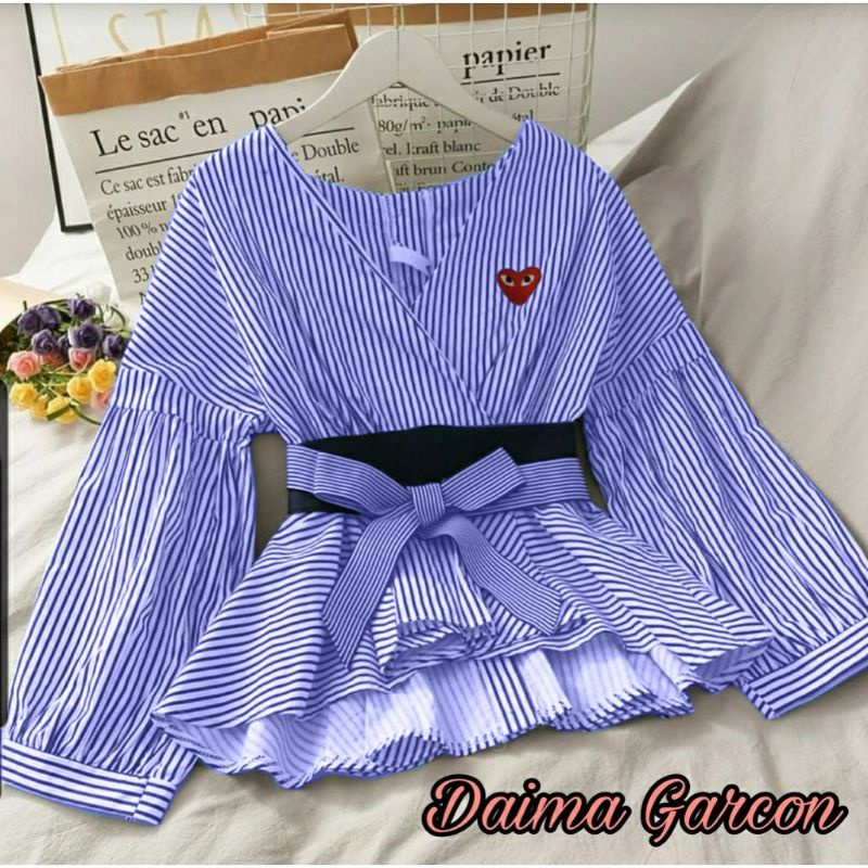 Atasan wanita salur blouse korea lengan balon