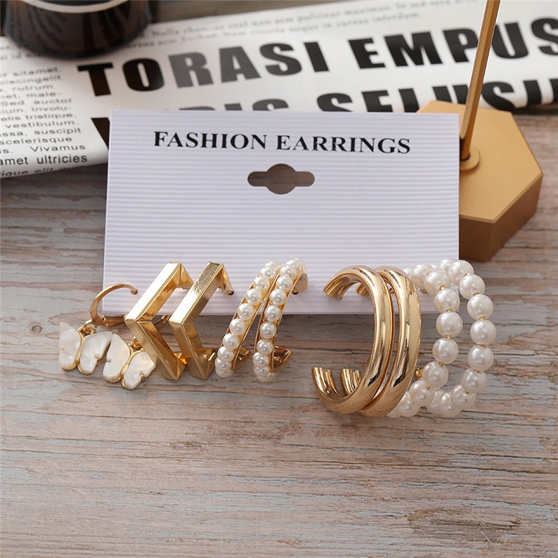 Set Anting Hoop 17km Gold Silver Hias Mutiara Bentuk Hati Butterfly Drop Untuk Aksesoris Perhiasan-21