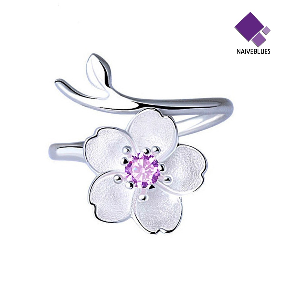 Cincin Wanita Model Terbuka Bahan 925 Sterling Silver Plated Desain Cherry Sakura Untuk Hadiah Ulang Tahun