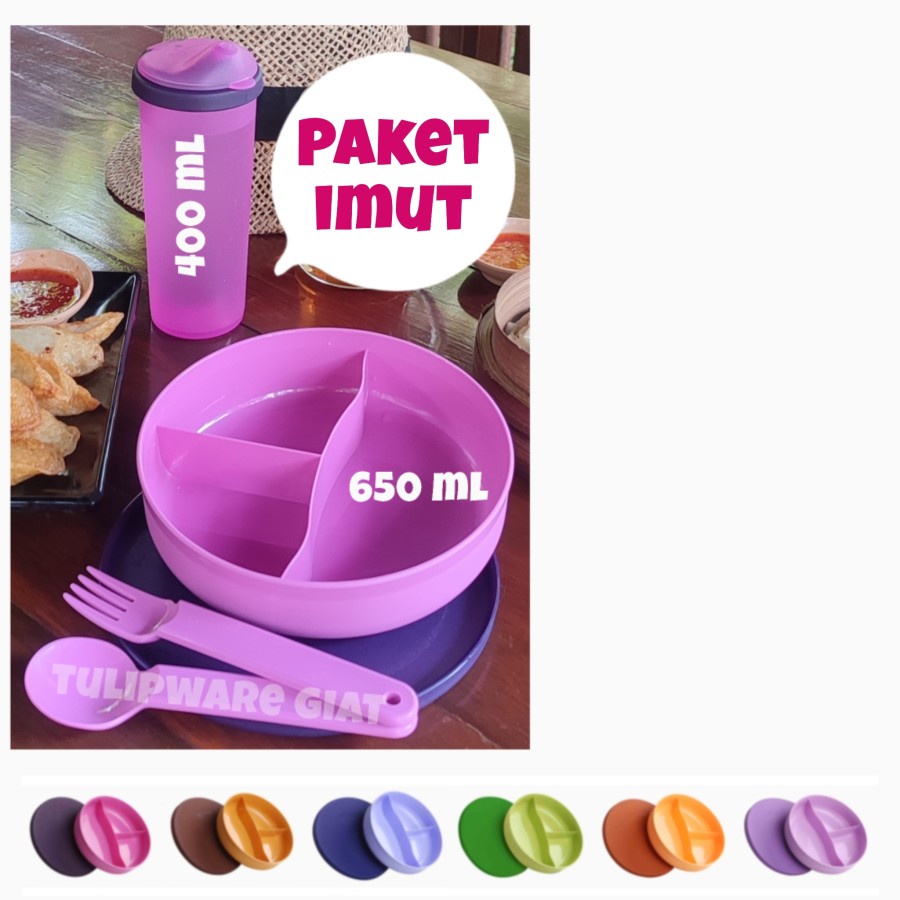 Twin Tulipware Paket Imut WADAH BEKAL BERSEKAT 3 SENDOK GARPU TUMBLER Anak Sekolah Tulipware Kita