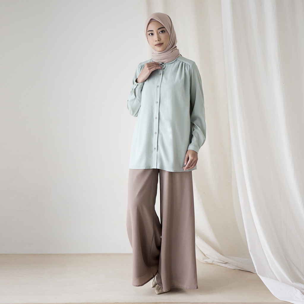 Anya by Aska Label - Kemeja wanita kantor bahan crepe premium full kancing depan busui friendly warna coklat tua, biru dusty, hijau mint, dusty pink, putih