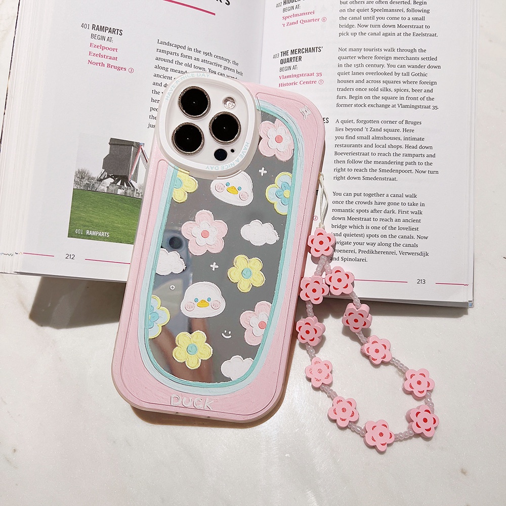 IPHONE Bunga Cermin Make Up Big Eyes Case Dengan Rantai Warna Pink Untuk Iphone11 8 7 Plus SE2 XS XR 12 13 Mini PRO MAX Casing Cover Pelindung AT0209