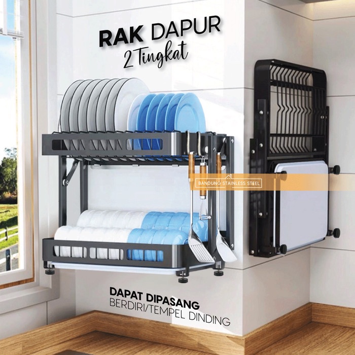 Rak Piring Dapur 2 Tingkat Lipat Gantung Tempel Dinding kait Stainless