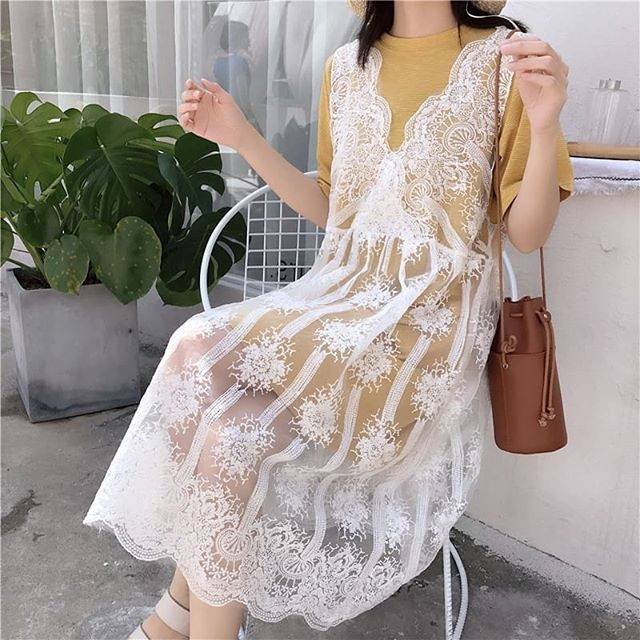 YY46 REIN SET DRESS YELLOW/ BAJU TERUSAN KUNING RENDA CASUAL WANITA IMPORT HONGKONG GAYA KOREA SALE