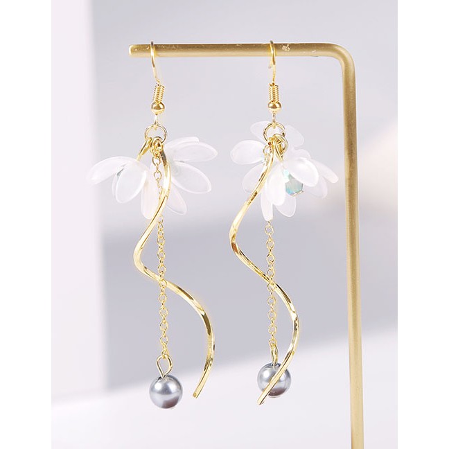 LRC Anting Gantung Fashion White Lily Flower Fringed Pearl Long Earrings D96518