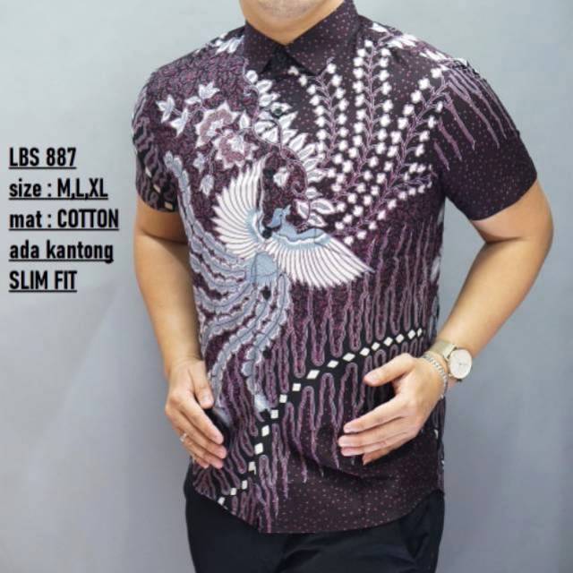 BAJU BATIK PRIA LENGAN PENDEK UNGU COKLAT | KEMEJA PRIA PREMIUM LBS 870