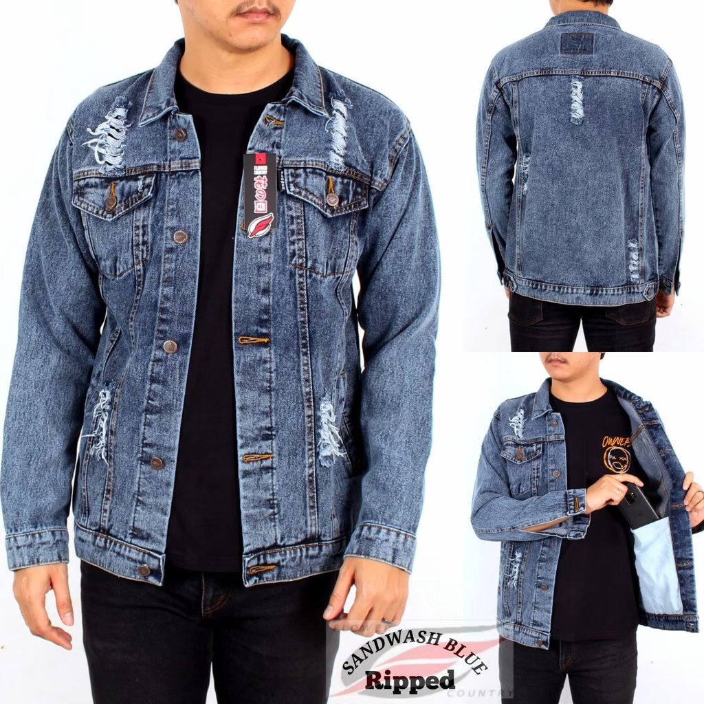 Jaket Jeans Ripped Pria Size M L XL Denim Basic Sandwash Sobek Original