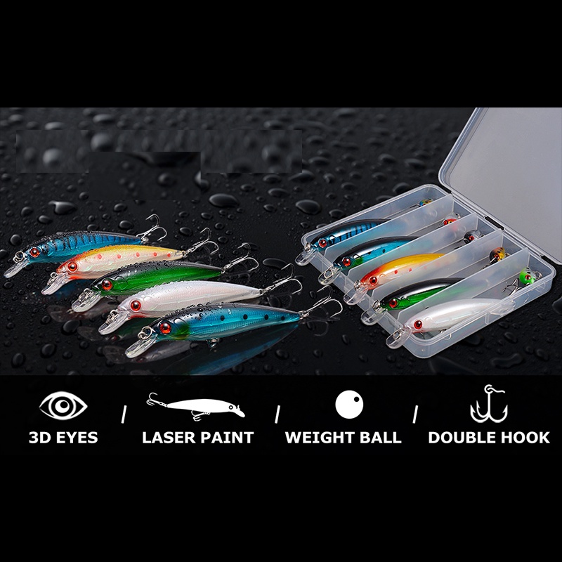 Hengjia 10pcs Umpan Pancing Ikan Kecil Untuk Ikan Bass / Trout Hard Plastic Minnow Crankabit Fishing Lure set With Fishing Box