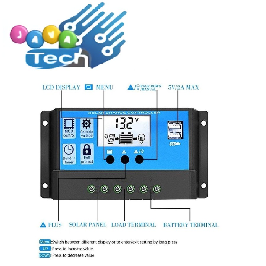 Solar Charge Controller PWM LCD Display Dual USB Output 12V/24V 20A
