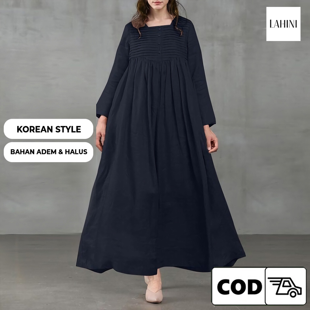 Dress Panjang Korea Long Maxi Dress Wanita Kekinian Vintage Remaja Dewasa Kancing Depan Busui Bahan 