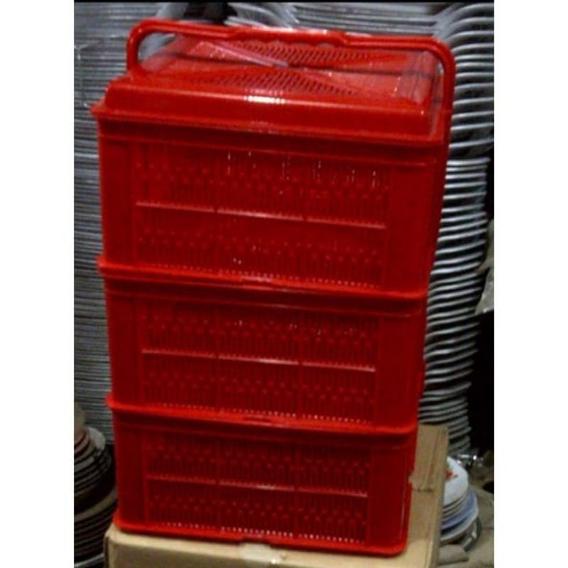 Tenong Merah Tas Keranjang Kue Wadah Makanan Susun 3