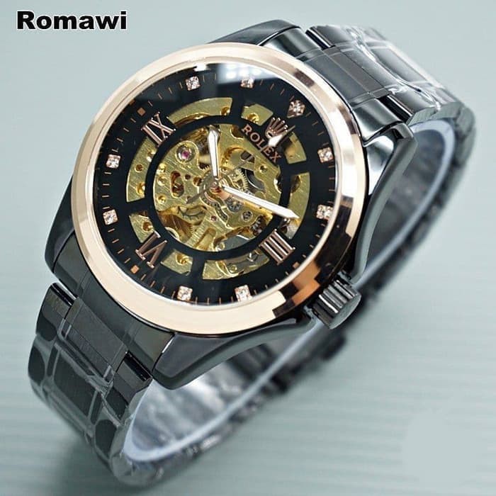 JAM TANGAN PRIA ROLEX RANTAI BIG SKELETON HITAM ROSE AUTOMATIC