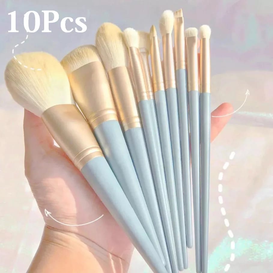 10PCS Kuas Make Up Set Brush Eyeshadow / Bedak / Blush On / Highlighter / Foundation / Blending Brush  Makeup Kuas Biru Langit F654