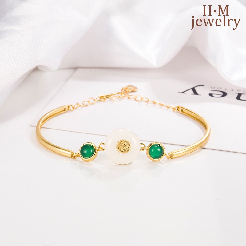 Gelang Tangan Sterling Silver 925 Aksen Batu Jade Putih Retro Untuk Wanita