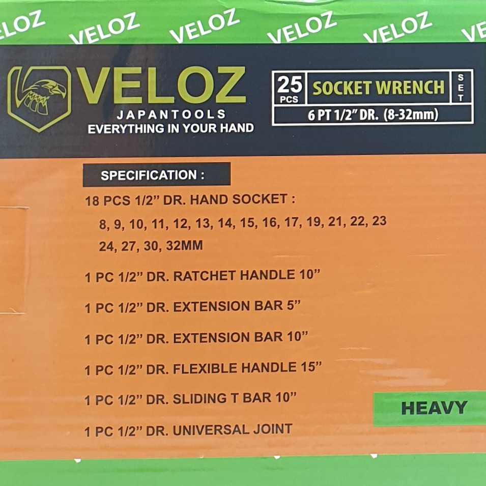 Veloz Premium SET 8-32  Kunci Sok Sock Socket 25 Pcs 8-32mm 6PT 1/2&quot; Chrome Vanadium Steel