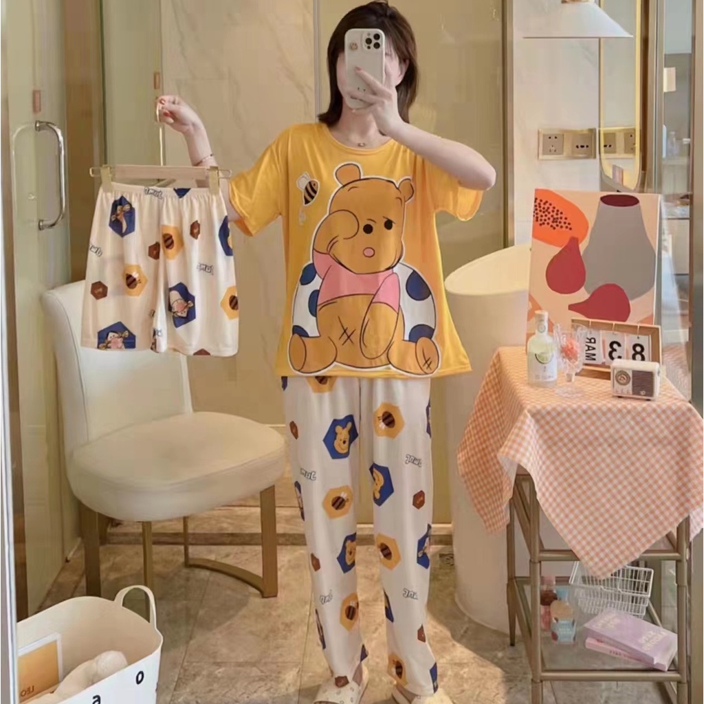 AJW Shop Piyama 3 in 1 | Piyama Lengan Pendek | Baju Tidur Impor | Baju Tidur 3in1-SleepyPoo Yellow