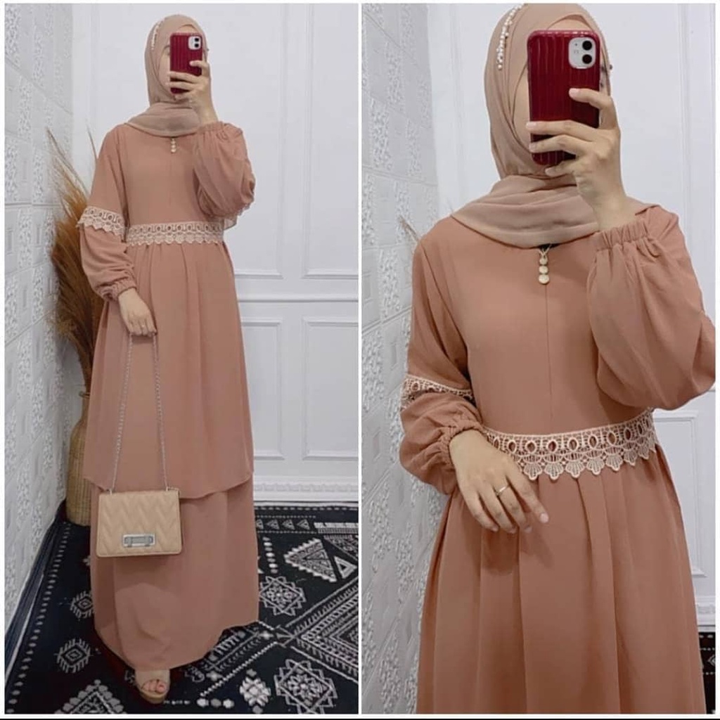 Gamis Dress Melayu Pakaian Muslim Wanita Ceruty Babydoll  Aplikasi Renda Kekinian Denada Dress