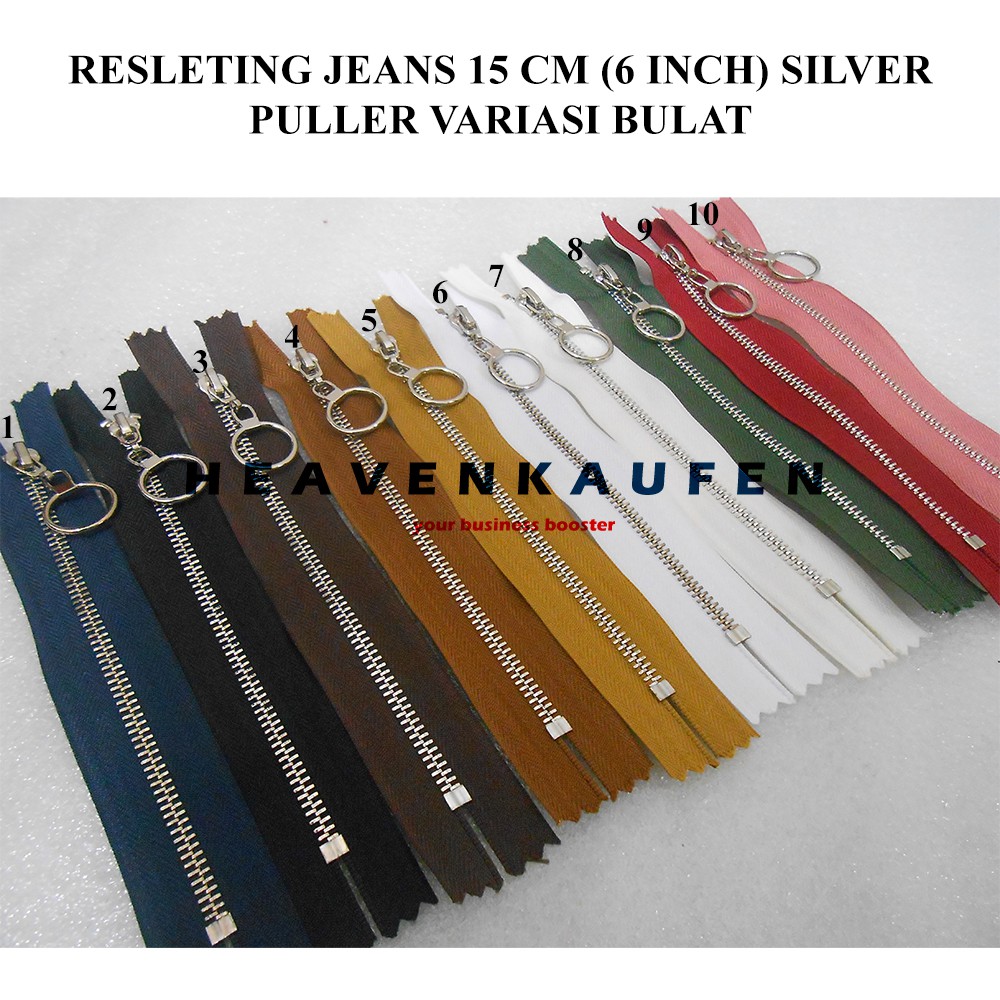 Resleting Zipper 15 cm Nikel Silver Variasi Puller/Tarikan Model Bulat Keren