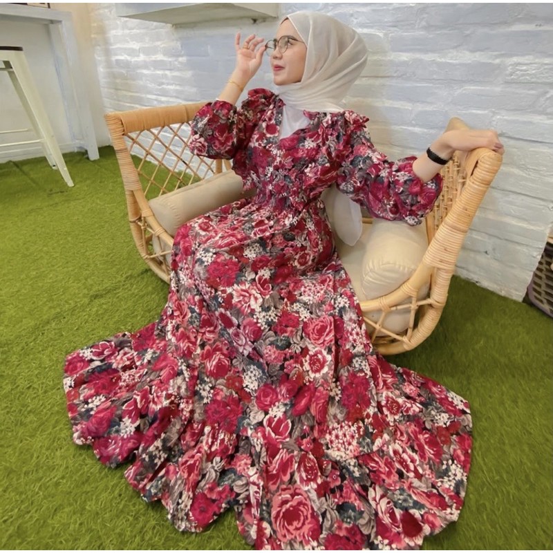 Red Rose Maxi Dress Gamis Bangkok Mawar Merah Import Original Gamis  Korean Style Fashion Muslim Ter
