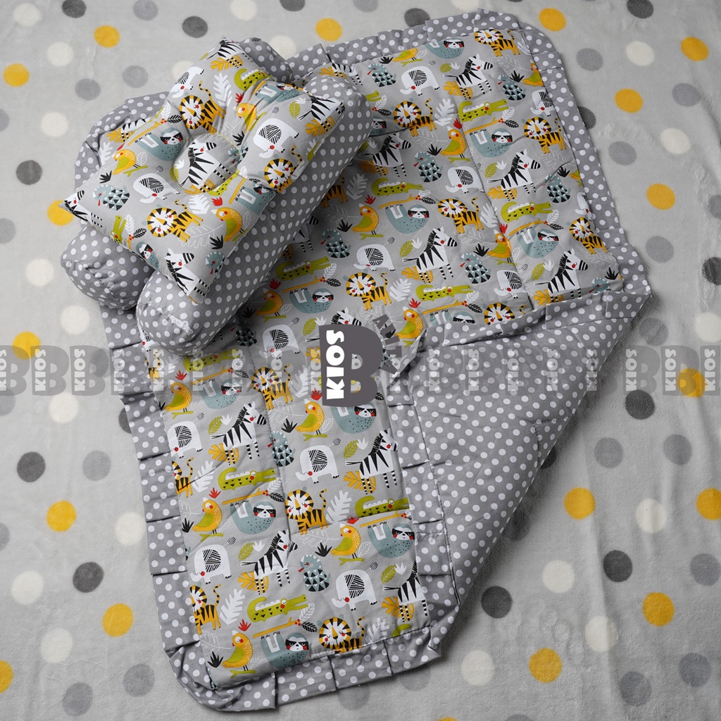 BED COVER SET BAYI Bed Cover Bayi Bantal Guling Selimut Bayi Tempat Tidur FREE tas mika Kado Lahiran-GRAY AMAZONE