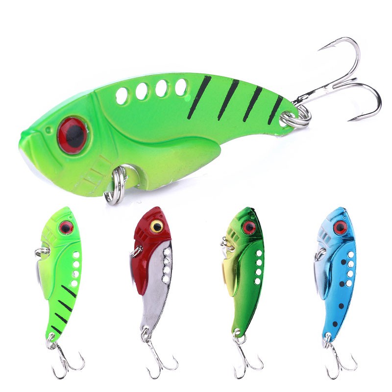 HENGJIA 4PCS Metal VIB Sequins Lure 5.5cm 11g 3D Eyes Umpan Spoon Spinner Blade Fishing Lure Hard Bait Fishing Tackle with Hook