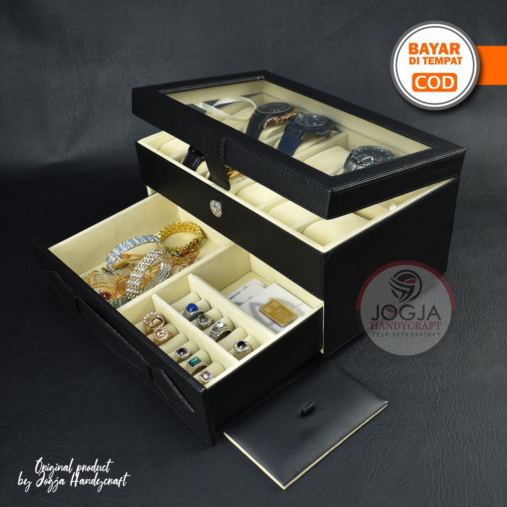 2 Kg - Watch Box Kotak Jam Tangan isi 12 mix Laci Tempat Perhiasan Hitam Cream